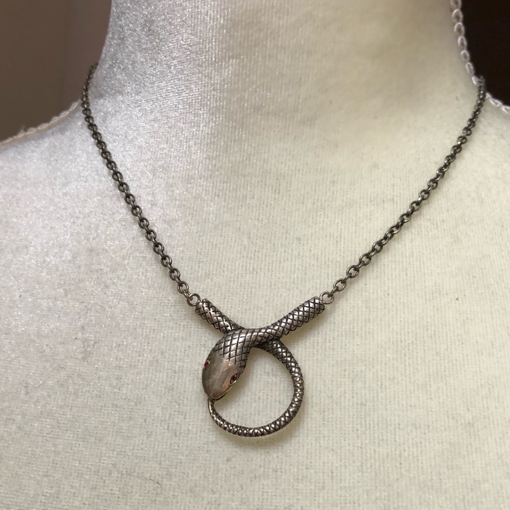 Serpent Snake oxidized Sterling Silver Necklace with real Ruby Eyes